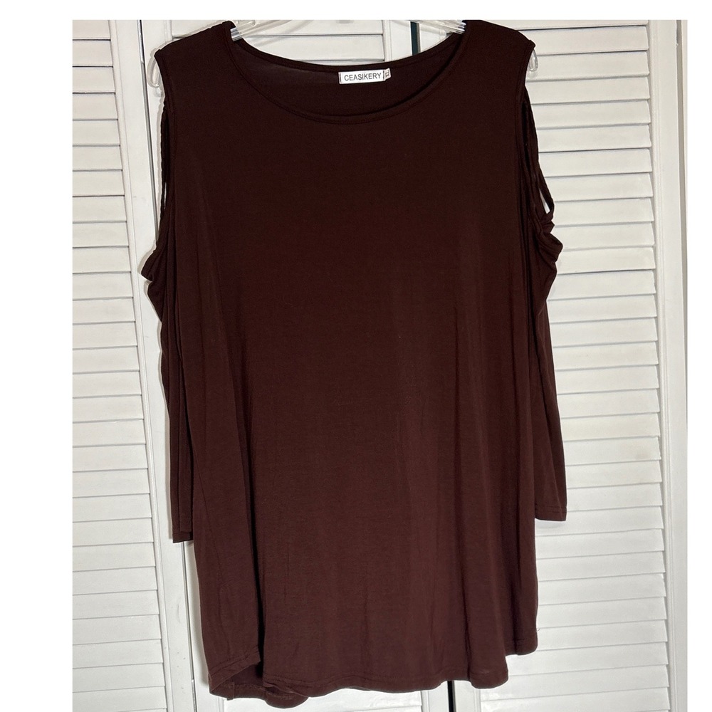 Ceasikery Womens Cold Shoulder Tunic Top Brown Strappy 3/4 Sleeve XL